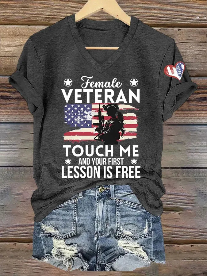 Women's Funny Female Veteran Printed V-Neck T-Shirt