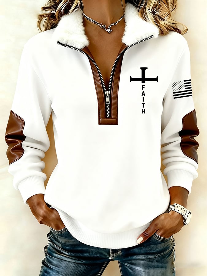 Women'S Casual Retro Faith-Inspired Print Patchwork Long-Sleeved Sweatshirt With Fur Collar