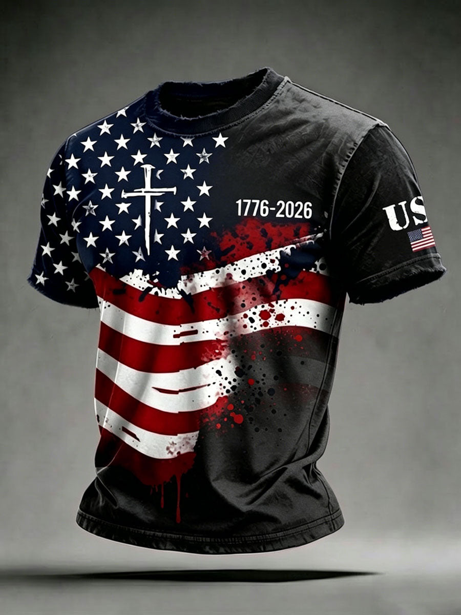 Men'S 250Th Anniversary American Flag Cross Printed Retro T-Shirt