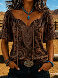 Women's Vintage-Style Western Print Top