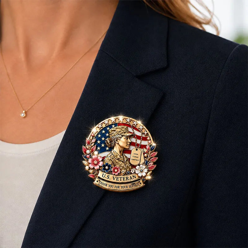 U.S. Veteran Patriotic Floral Rhinestone Brooch Pin