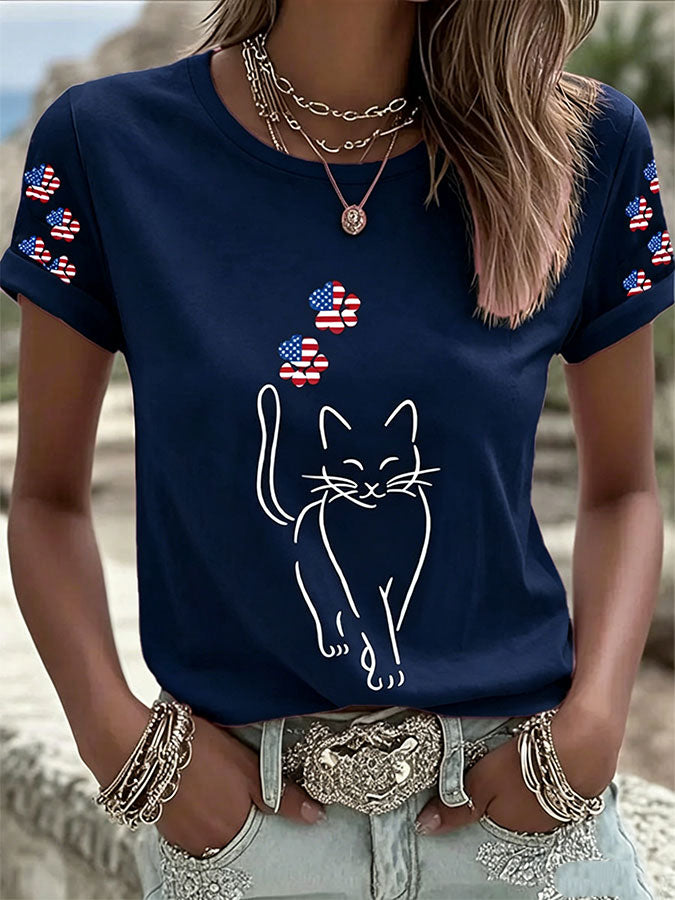 Women's America Flag Cat Casual T-Shirt