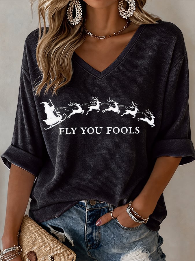 V-Neck Retro Funny Christmas Fly You Fools Reindeer Holiday Season Print T-Shirt