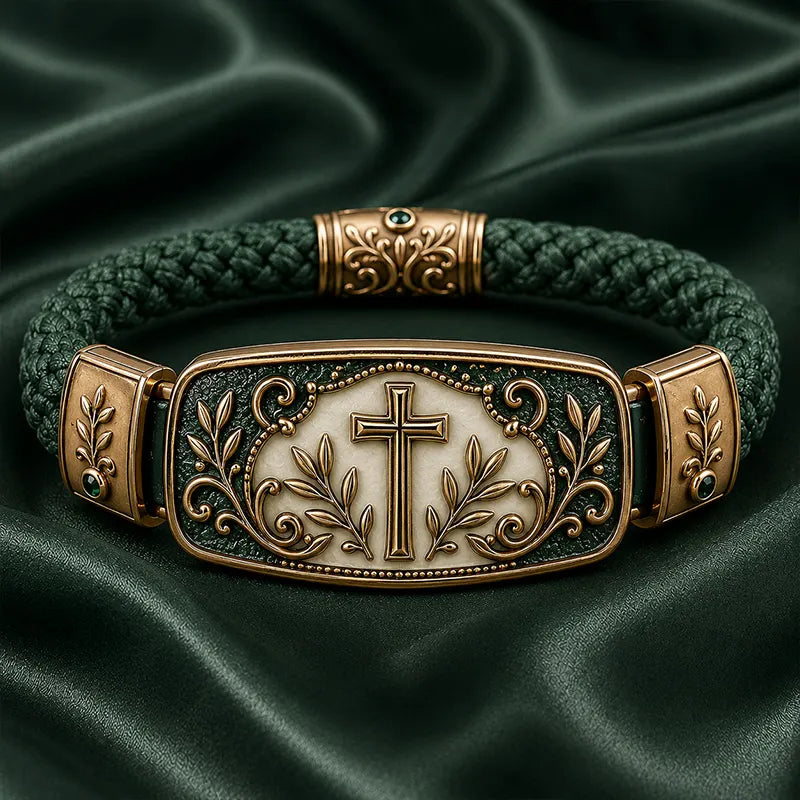 Emerald Inlay Retro Floral Cross Faith Scripture Bracelet