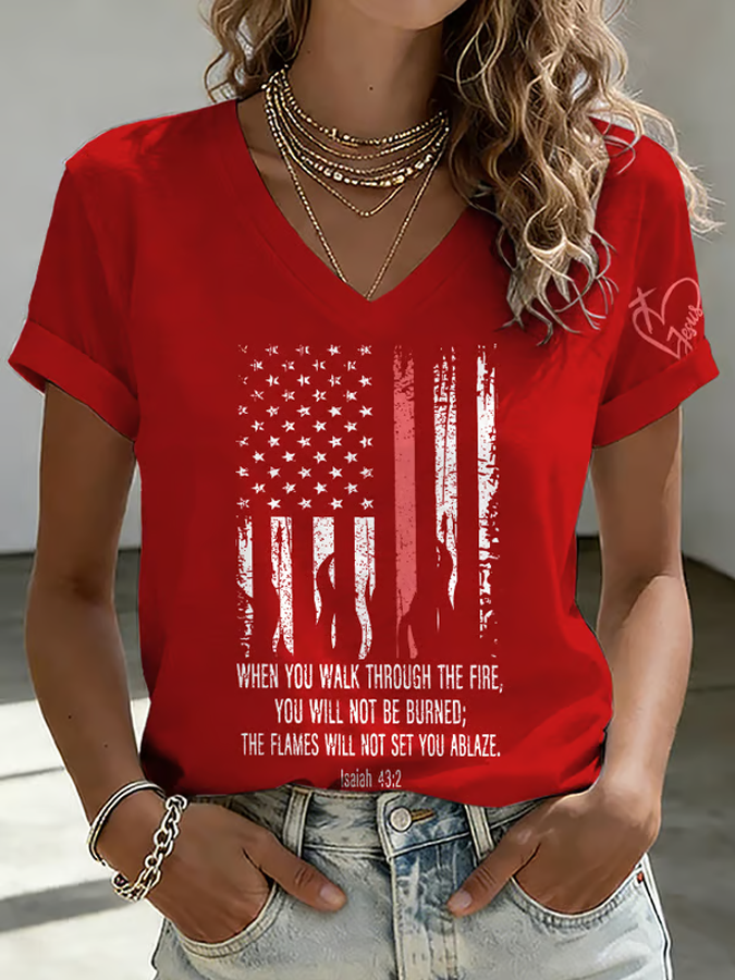Wilderness Eagle Cross Faith Through The Fire V Neck Short Sleeve Vintage T-Shirt