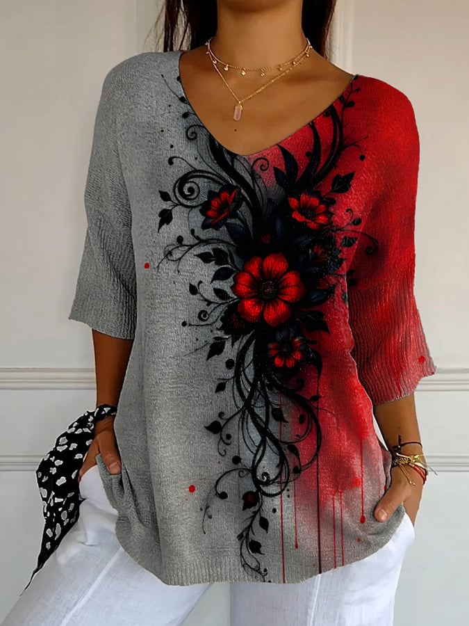 Women'S Casual Blood Stained Flowers Print V-Neck T-Shirt