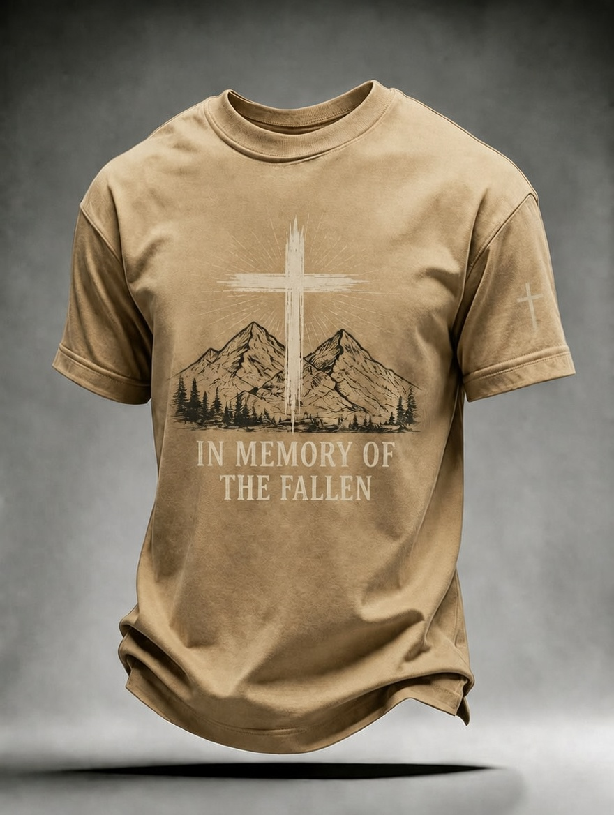 Mountain Cross In Memory Of The Fallen Short Sleeve Tee With Sleeve Cross Print