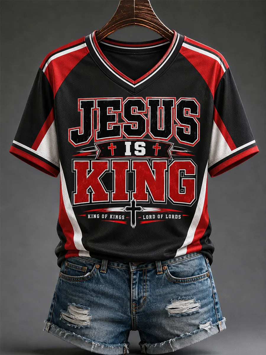 Women's Jesus Is King Print Casual V-Neck Tee