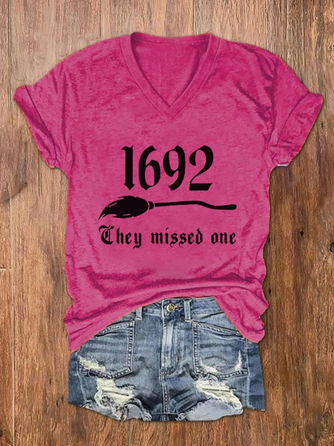 Women's 1692 They Missed One Salem Witch Print V-Neck T-Shirt
