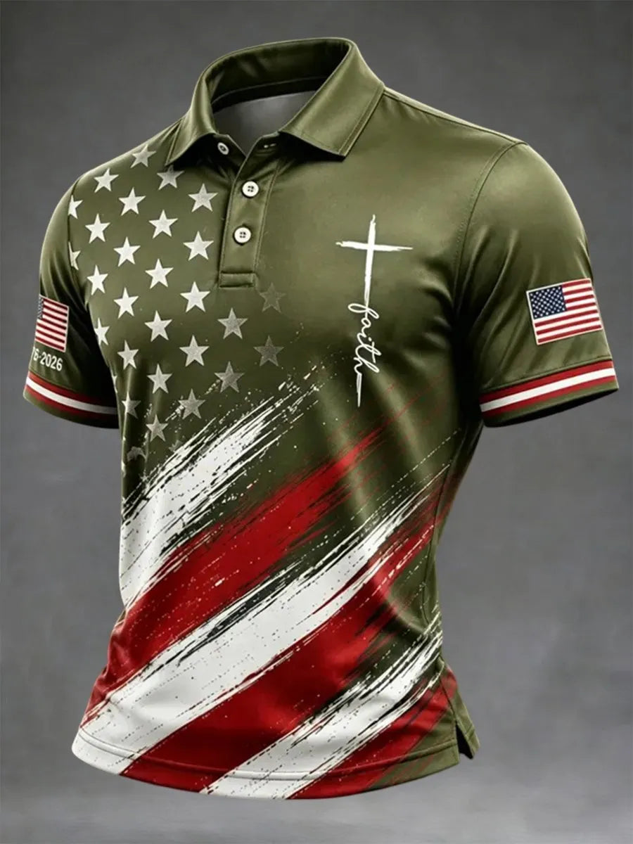 Men's American Flag Print Cross Faith Art Polo Shirt