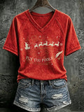V Neck Retro Funny Christmas Fly You Fools Reindeer Holiday Season Print T-Shirt