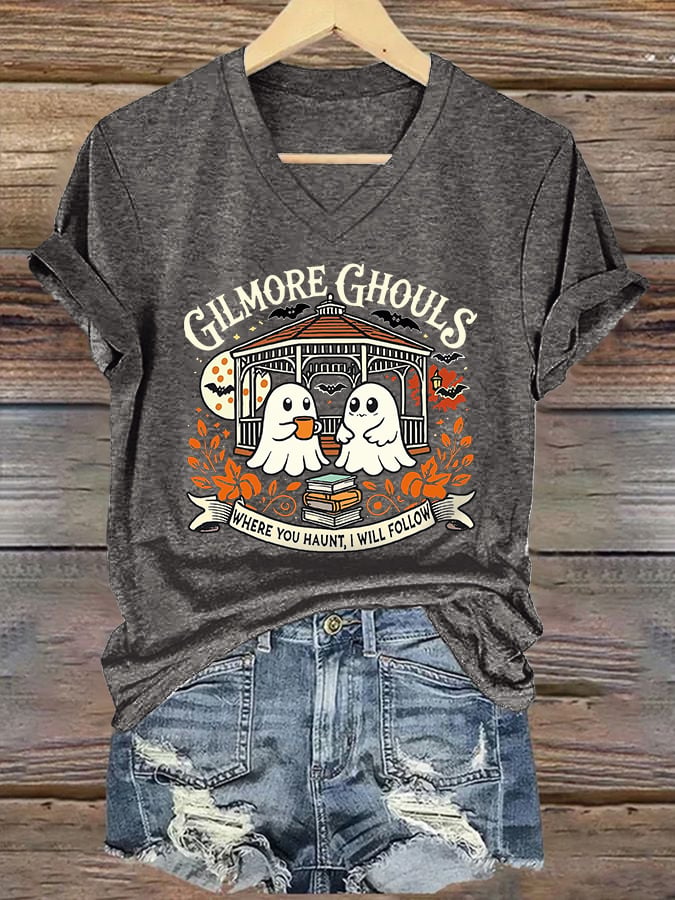 🔥HOT SALE🔥V-Neck Retro Gilmore Ghouls Where You Haunt, I Will Follow Print T-Shirt