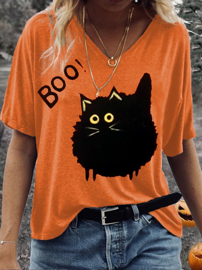 Women's Funny Cute Halloween Black Cat Boo! Print Casual V-Neck Tee