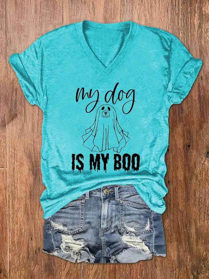 Women's My Dog Is My Boo Halloween Dog Print V-Neck T-Shirt