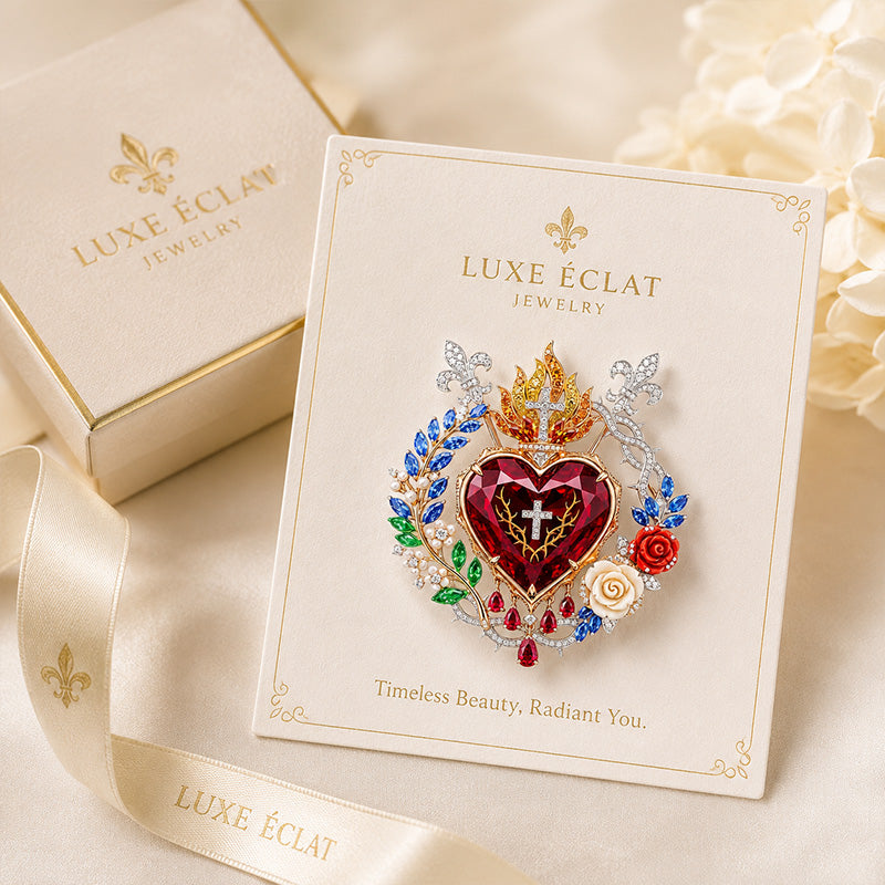 Luxurious Vintage Palace Style: Radiant Sacred Heart Floral Gemstone Brooch