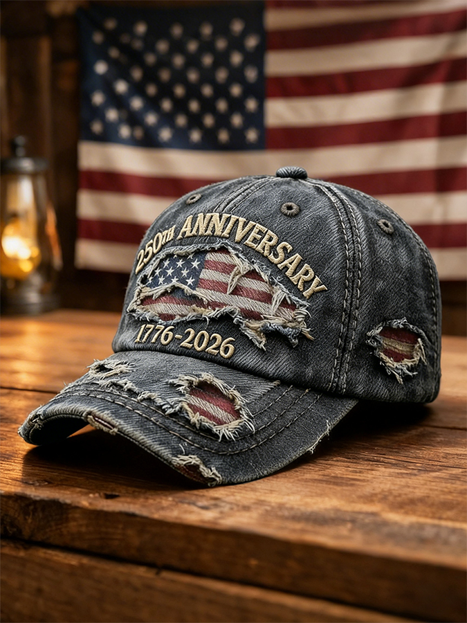 Vintage Distressed Denim USA 250th Anniversary Flag Baseball Cap