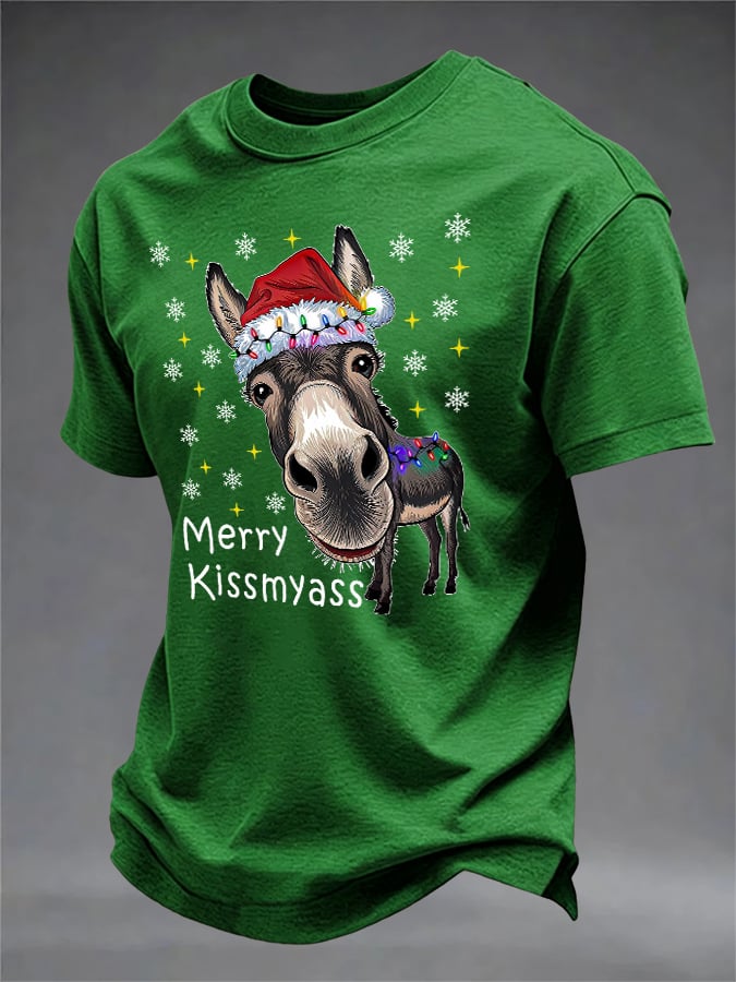Men's Retro Funny Christmas Donkey Merry Kissmyass Print T-Shirt