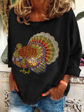 Women's Thanksgiving Gliter Funny Turkey Print T-Shirt