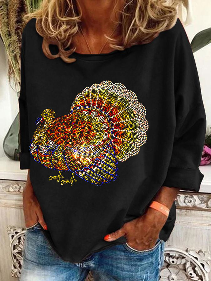Women's Thanksgiving Gliter Funny Turkey Print T-Shirt