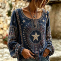 Women’s American Vintage Ethnic Star Embroidered Long Sleeve Loose Blouse