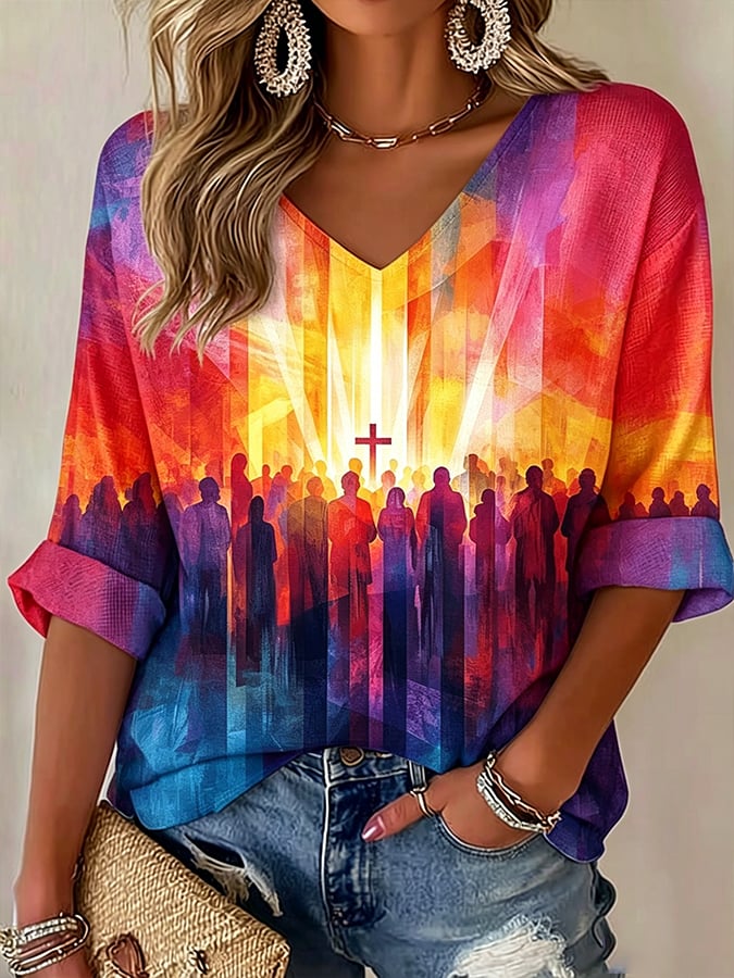 Women's Faith Print  Casual V-Neck T-Shirt