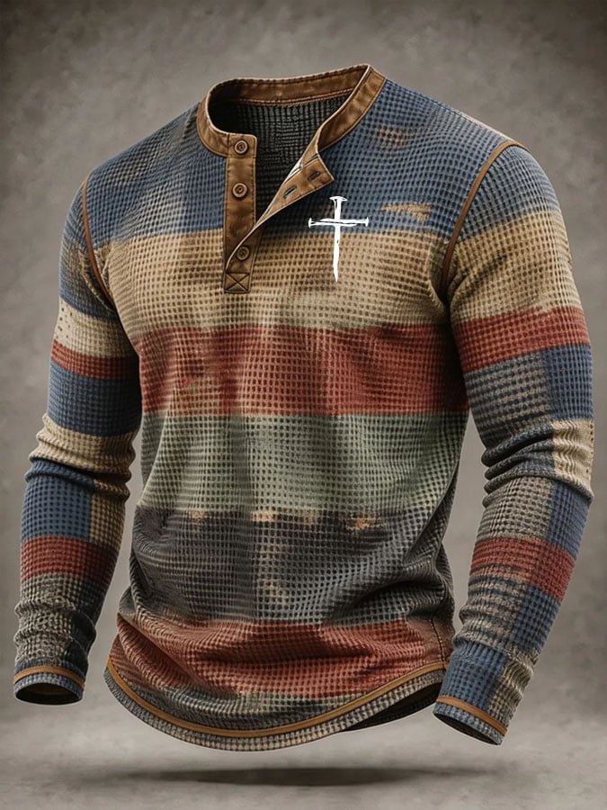 Men's Casual Printed Long-Sleeve Henley Shirt