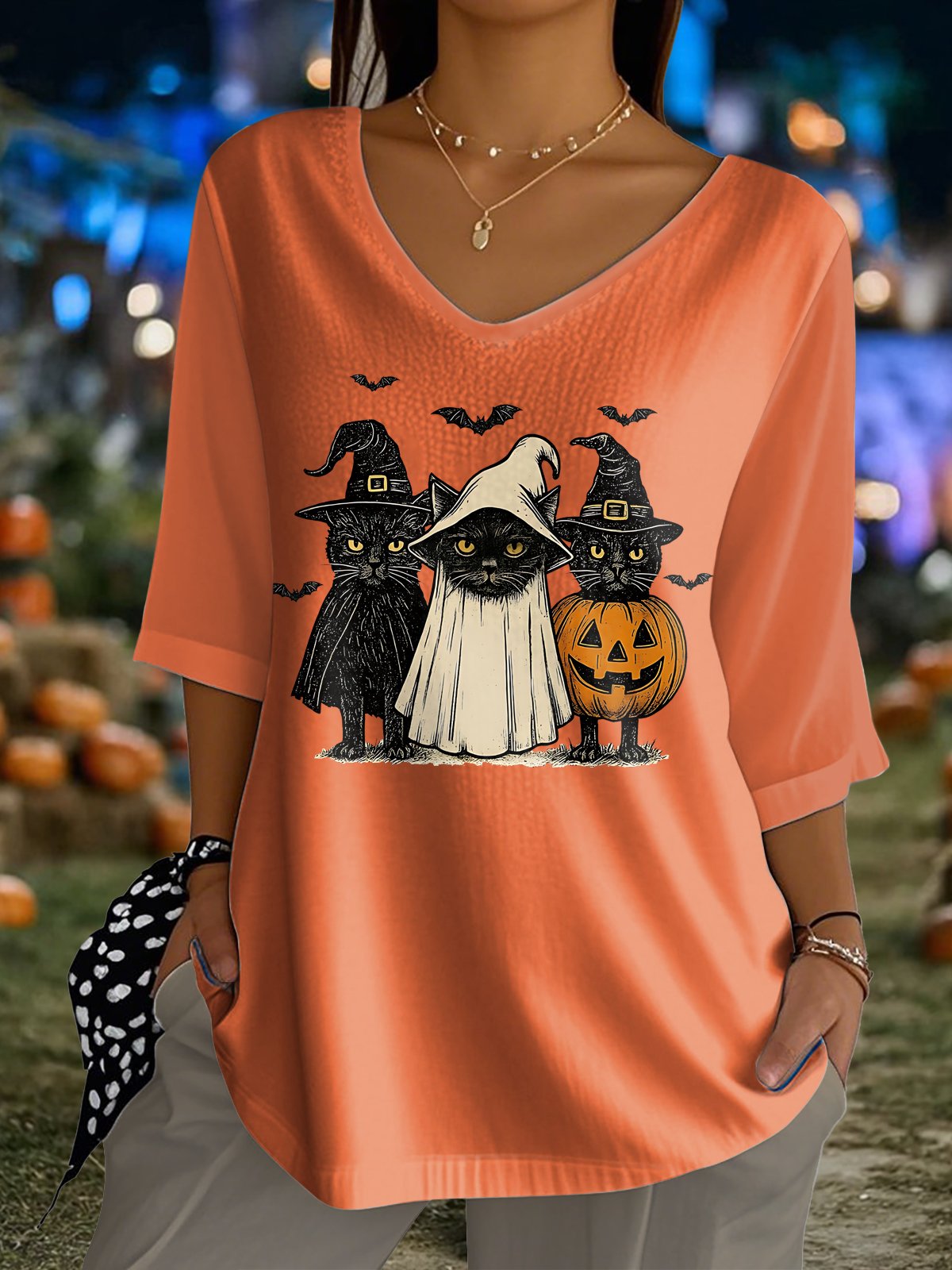 Women's Halloween Black Cat Print Top