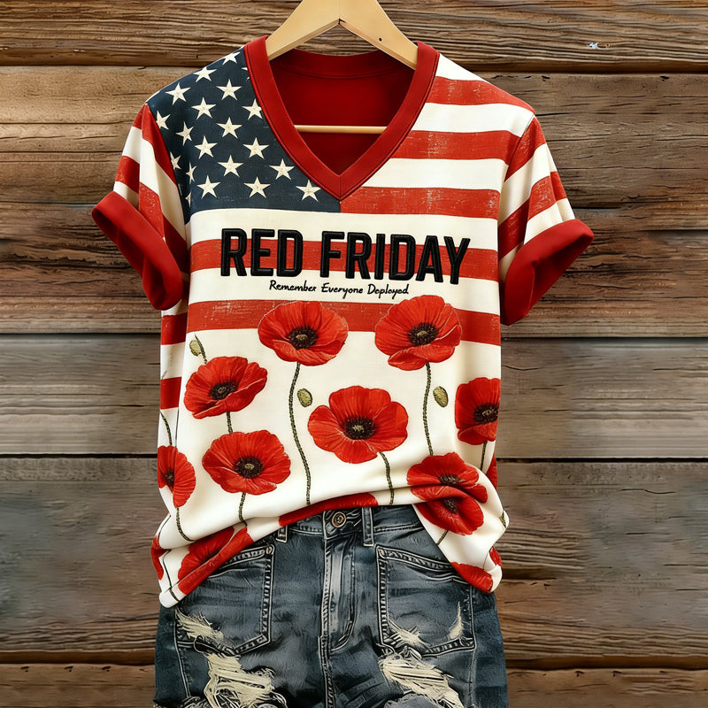 Retro Red Friday Floral Art Print Casual T-Shirt