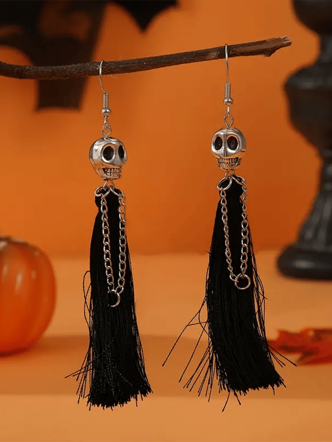 Halloween Skull Tassel Statement Earrings