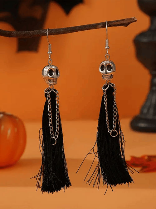 Halloween Skull Tassel Statement Earrings