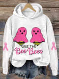 Women's Pink Halloween Ghost Save The Boo Bees Breast Cancer Awareness Warrior Hoodie