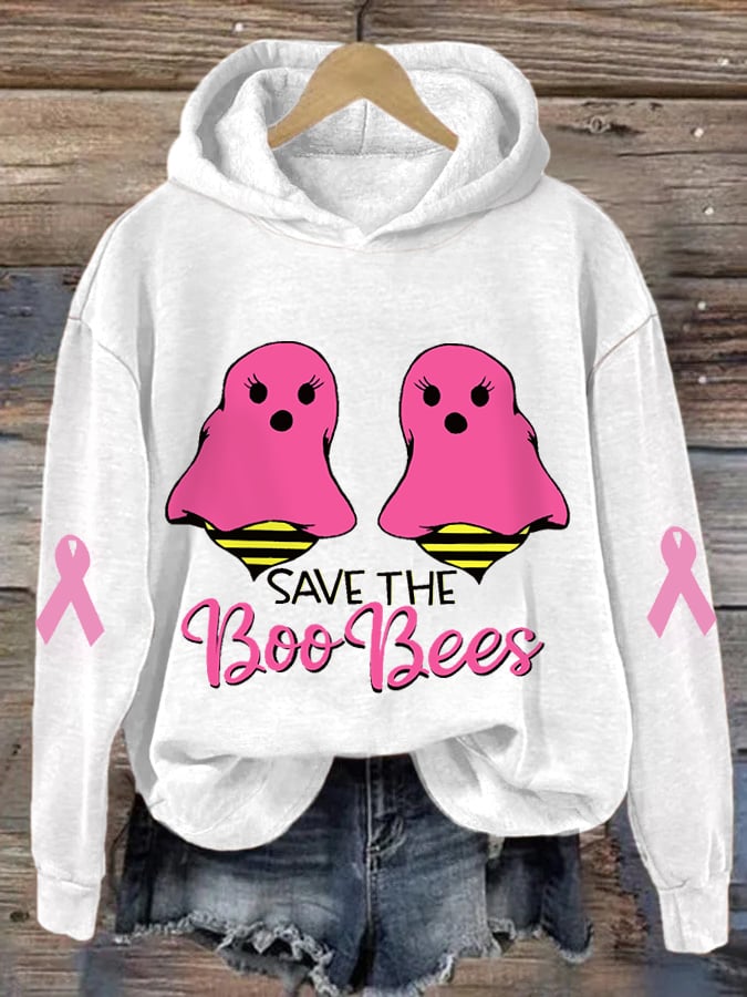 Women's Pink Halloween Ghost Save The Boo Bees Breast Cancer Awareness Warrior Hoodie