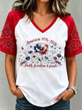 Women'S Casual Retro America Flag Floral Print T-Shirt
