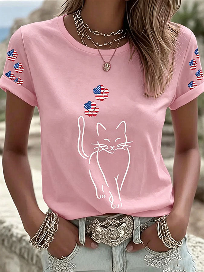 Women's America Flag Cat Casual T-Shirt