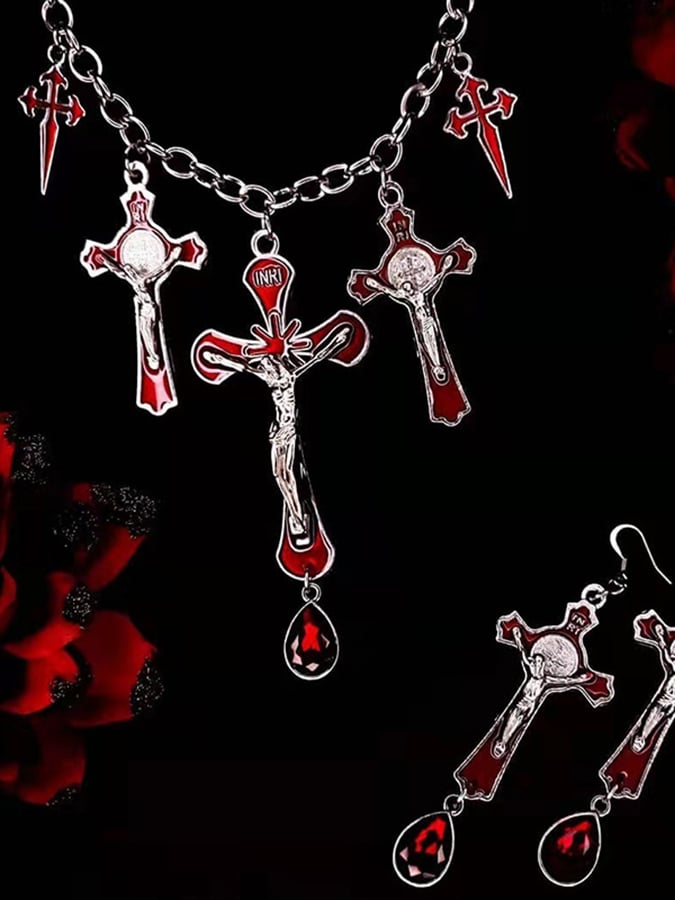 Halloween Gothic Dark Cross Bat Necklace Earring Set