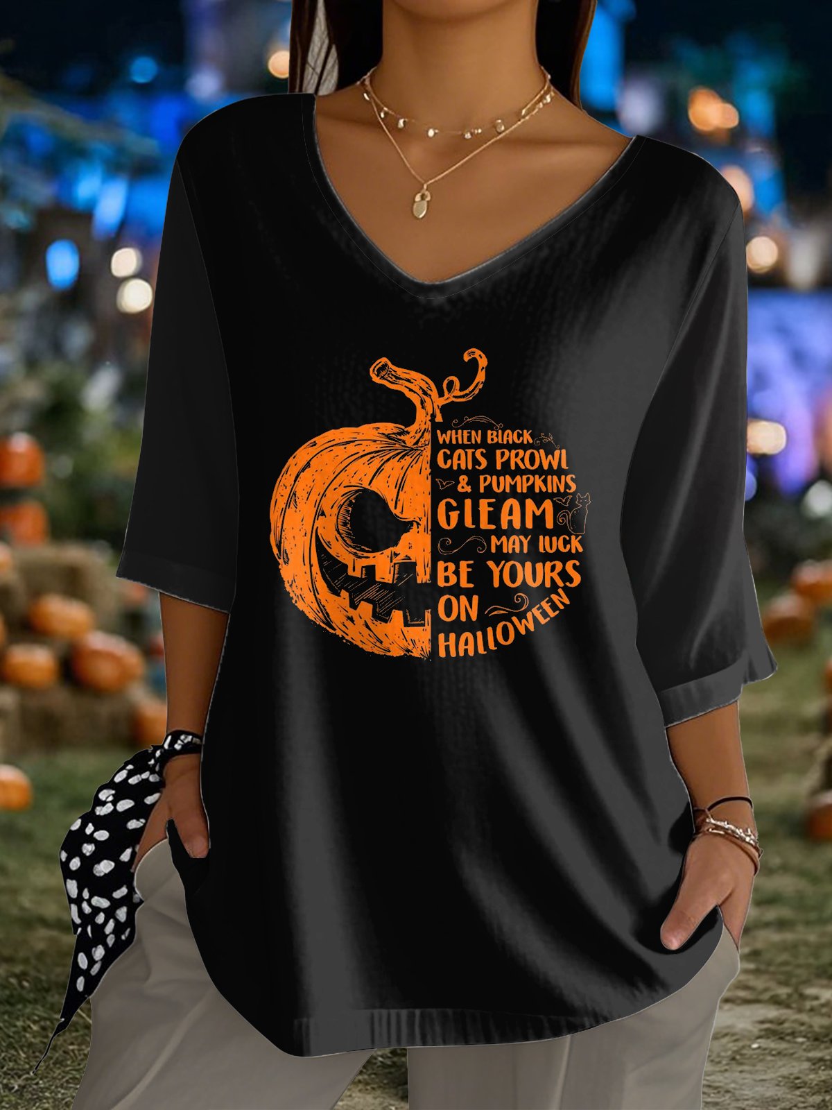 Women's Pumpkin Print Casual Round Neck 3/4 Sleeves