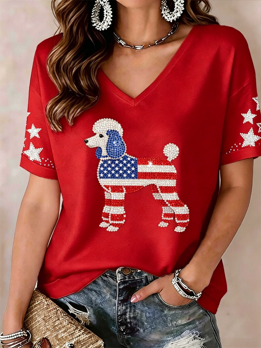 Women's Lovely Poodle Dog Rhinestone Pattern V-Neck T-Shirt