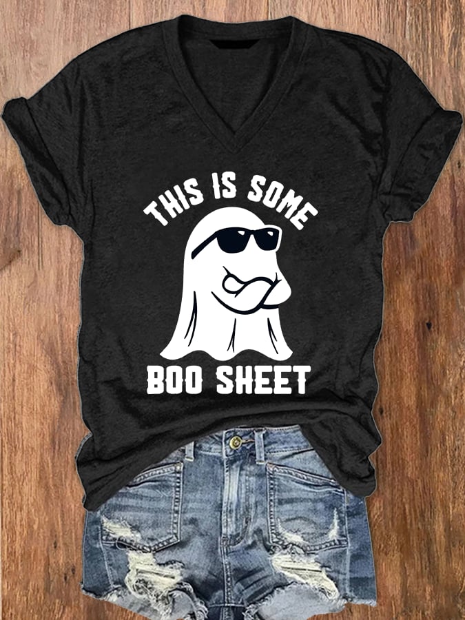 Women's Halloween This Is Some Boo Sheet Print V-Neck T-Shirt