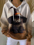 🔥HOT SALE🔥Women's Retro Funny Black Cat Witch Hat Print Casual Hoodie
