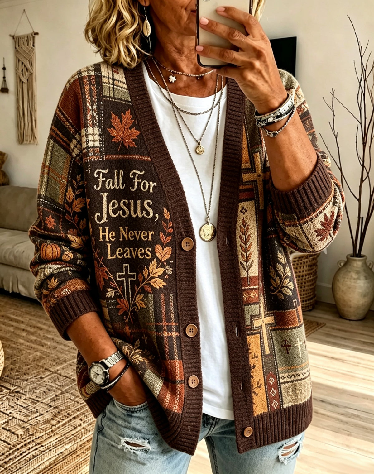 Women's Autumn Fall For Jesus, He Never Leaves Print Top