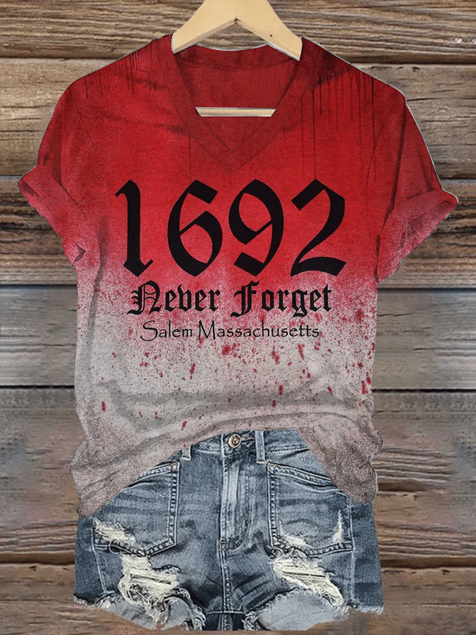 Women's 1692 Never Forget Salem Massachusetts Print V-Neck T-Shirt