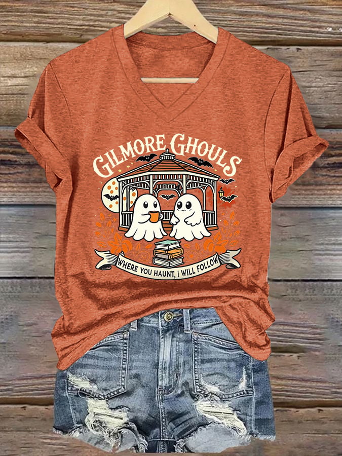 🔥HOT SALE🔥V-Neck Retro Gilmore Ghouls Where You Haunt, I Will Follow Print T-Shirt