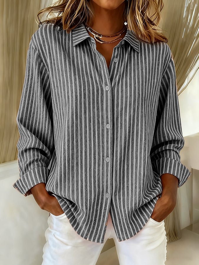 Women's Casual Retro Striped Cotton And Linen Shirt