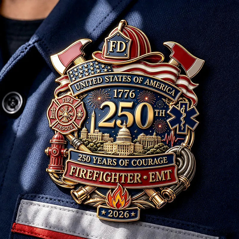 United States 250th Anniversary 1776–2026 Firefighter EMT 250 Years of Courage Patriotic Badge