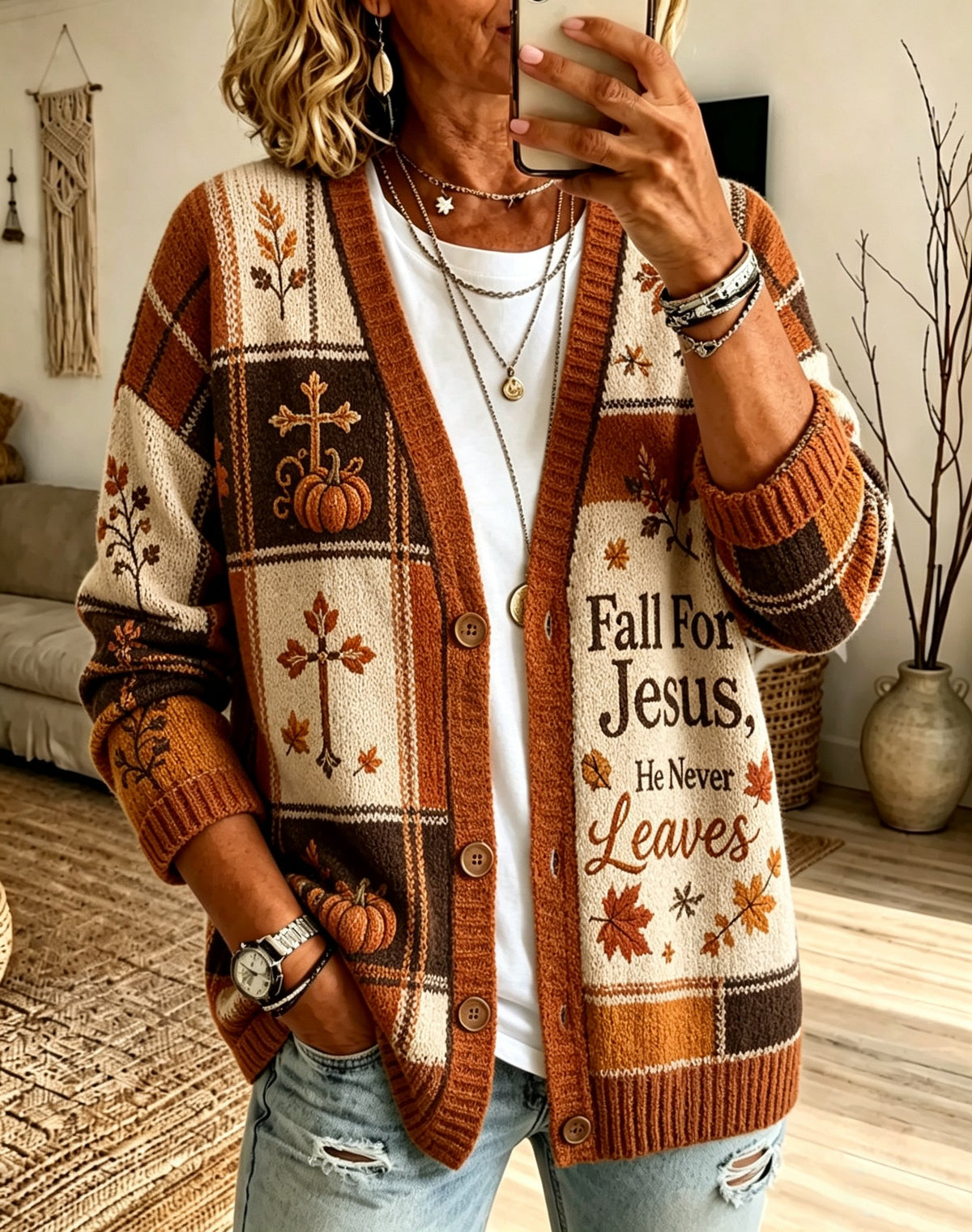 Women's Autumn Fall For Jesus, He Never Leaves Print Top