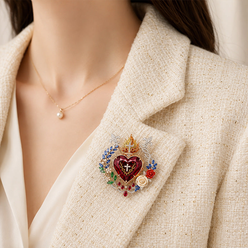 Luxurious Vintage Palace Style: Radiant Sacred Heart Floral Gemstone Brooch