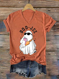 Women's Halloween Boo Jee Cute Ghost Print Casual V-Neck Tee