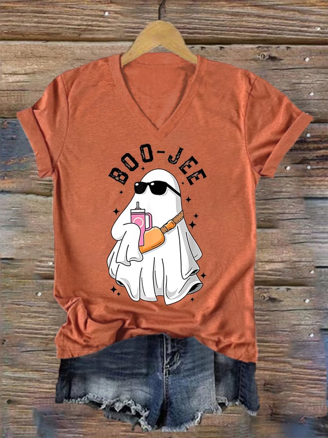 Women's Halloween Boo Jee Cute Ghost Print Casual V-Neck Tee