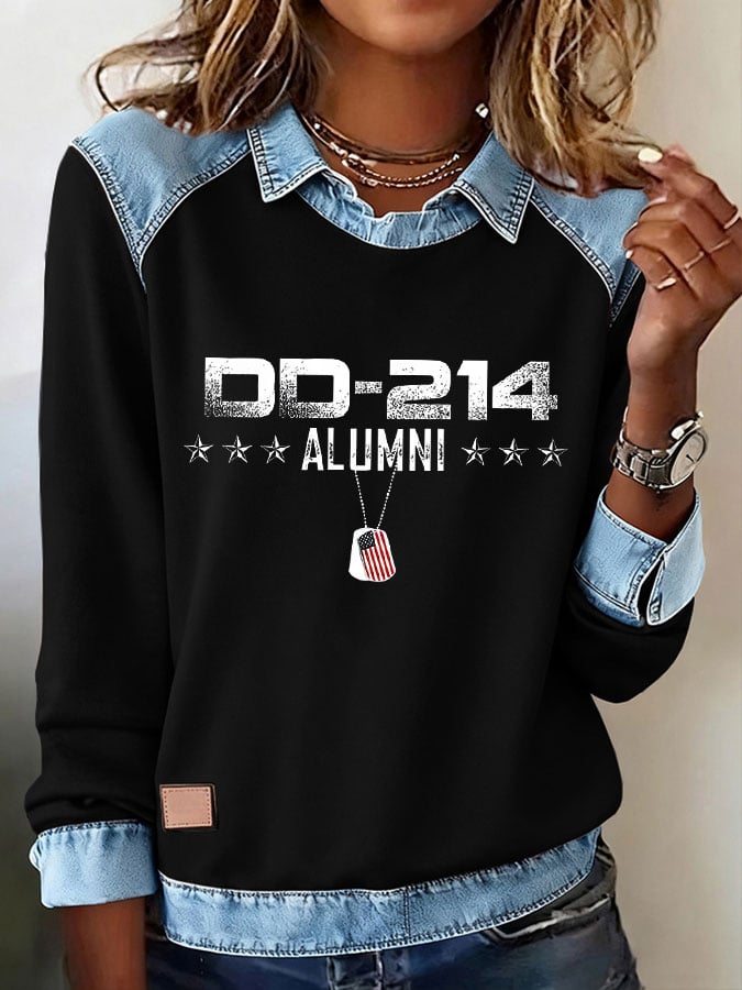 Women's Veteran Print Lapel Long Sleeve Top