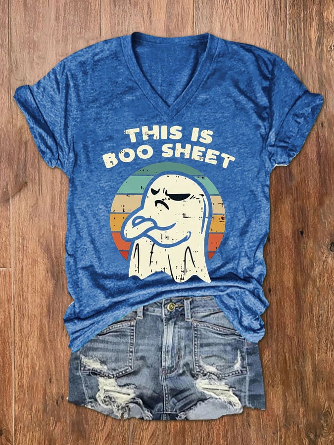 Women's This Is Boo Sheet Funny Halloween Ghost V-Neck Tee